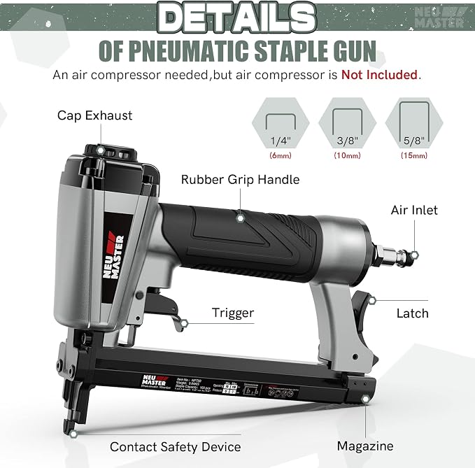 NEU MASTER Pneumatic Staple Gun 20 Gauge, Air Powered Upholstery Stapler with 1500pcs Staples (1/4"–5/8"), Lightweight Stapler for Woodworking, Furniture, DIY & Home Improvement