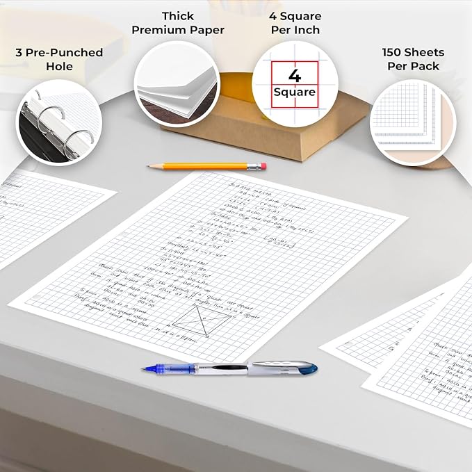 Rosmonde 6750 Sheets Loose Leaf Paper Bulk, 45 Pack, Graph Paper Bulk | Bulk Grid Paper, 4x4, 8" x 10.5", Thick Graphing Paper, Fights Ink Bleed, 3 Hole Punched, Quad Ruled Sheets, Bulk Supplies