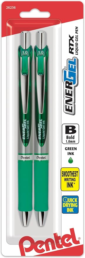Pentel EnerGel RTX Retractable Liquid Gel Pen, (1.0mm), Bold Line, Metal Tip, Green Ink, Pack of 2 (BL80BP2D)