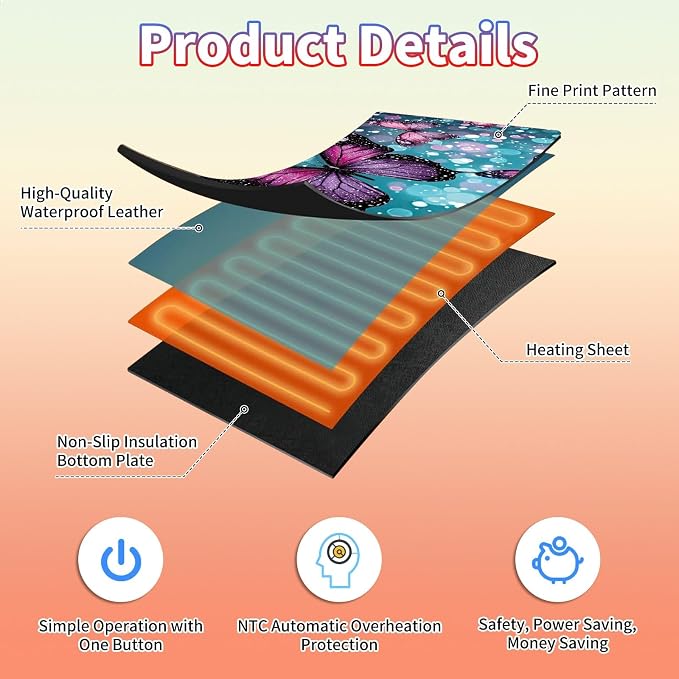 Heated Desk Pad Large Mouse Pad 31.5 x 13 inch with 3 Levels Heating & Auto Shut-Off Warm Mouse pad PU Leather Computer Mousepad for Home Office Work - Green Glitter Butterflies