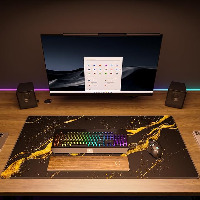 KTRIO Large Gaming Mouse Pad, Desk Mat, 31.5 x 15.7 in Black Gold, XXL | Smooth Micro-Weave Surface, Artistic Pattern Design, Non-Slip Rubber Base, Durable Stitched Edges, Office & Home Use