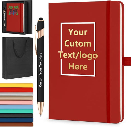 ENOMY Personalized A5 Notebook & Pen Set Custom PU Leather Journal 200 Lined Pages Custom Notebook with Gift Box Journals for Writing College Birthday Business Gift, Red