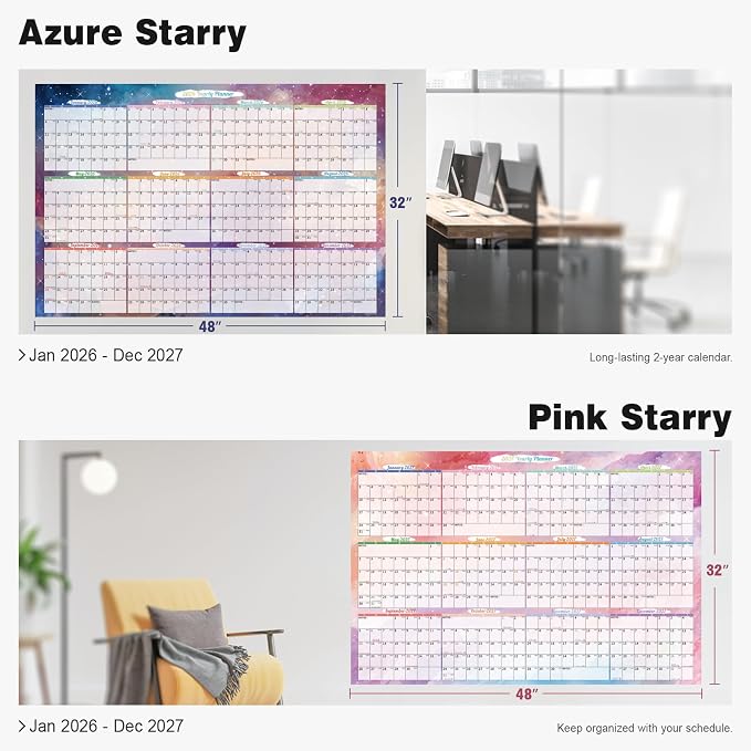 Ospelelf Wall Calendar 2026 Large 32'' x 48'' Dry Erase Laminated Calendar for Wall, 2 Yearly Big Family Calendar Planner, Use Jan 2026 -Dec 2027 (Starry Sky)
