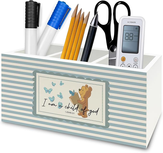 Christian Bear Pen Pencil Holder Organizer for Desk, Bible Verse Religious Wooden Box Signs Decorations for Kids Nursery Room Classroom Desk Tabletop, Christian Gifts for Kids