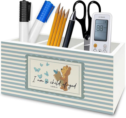 Christian Bear Pen Pencil Holder Organizer for Desk, Bible Verse Religious Wooden Box Signs Decorations for Kids Nursery Room Classroom Desk Tabletop, Christian Gifts for Kids