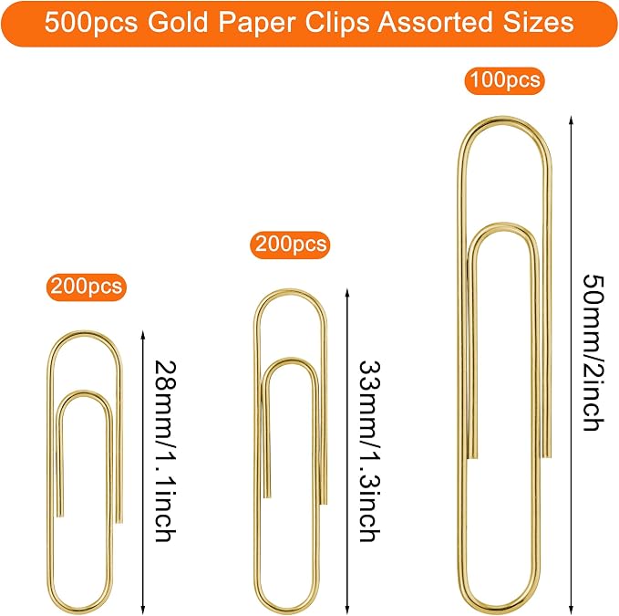 NEEWAY 500pcs Gold Paper Clips Assorted Sizes Small, Medium and Large Paperclips for Paperwork Ideal for Home, School and Office Use