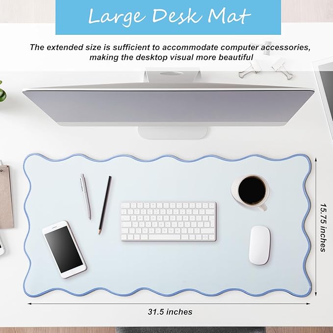 Hahafelt Scalloped Desk Mat Large Desk Pad Cute Coquette Table Mat Back to School Preppy Table Make up Pad Nonslip Graduation Gift with Stitching Waterproof Gaming(Blue,31.5 x 15.8 Inches)