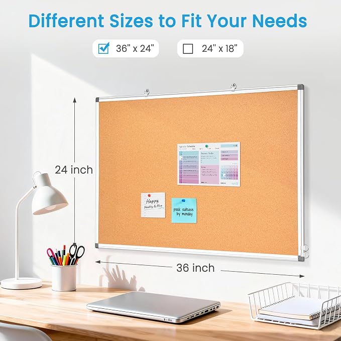 Double-Sided Cork Bulletin Board for Wall, WALGLASS 36" x 24" Hanging Wall Mounted Notice Board, Pin Display Vision Cork Board, Aluminium Framed Large Message Corkboard for Office, Home, School