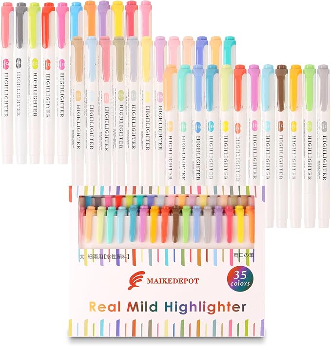 Pastel Highlighters -35 Pcs Assorted Colors Dual Tip Real Mild Highlighter Markers, Chisel & Fine Tips for Bible Journaling, Note Taking, School Supplies, No Bleed