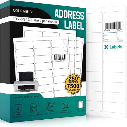 Address Labels 1" x 2-5/8" Matte Sticker Paper, 30 Up 250 Sheets (7500 Labels), Printable Shipping Mailing Labels for Inkjet & Laser Printer, White Blank Label Sheets for Small Business & Office