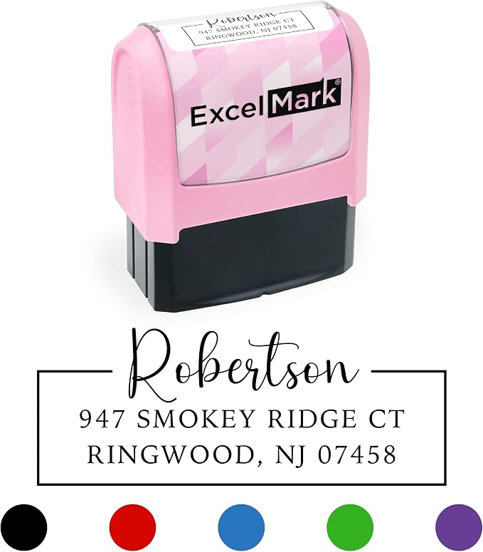 ExcelMark Address Stamp - Custom Return Address Stamp with Elegant Designs, Vibrant Colors & Patterns – Perfect for Mail, Invitations & Gifts (Pink, Signature Frame)