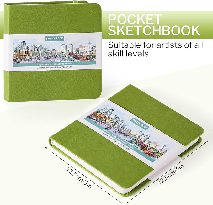 Prudiut 5" x 5" Hardcover Pocket Sketchbook, 80 Sheets, Emerald Green | 160gsm acid-free paper, elastic closure, ribbon bookmark, compact travel size for sketching on the go