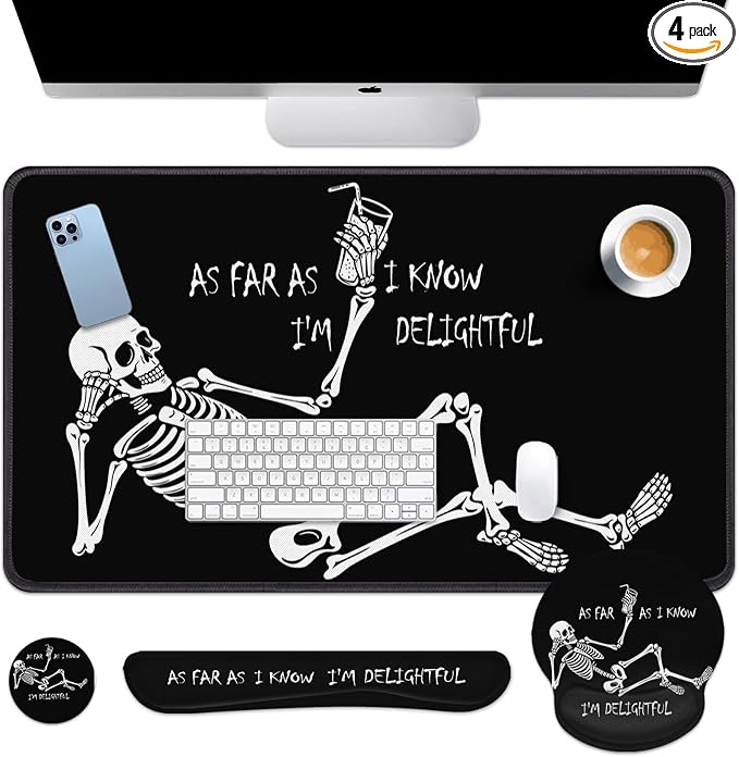 Britimes Black Skull Skeleton Keyboard Mouse Pad Set 4in1 Large Mousepad+Keyboard Wrist Rest+Mouse Wrist Rest+Coaster Set with Ergonomic Design for Home Office Computer 35.4x15.7 inches