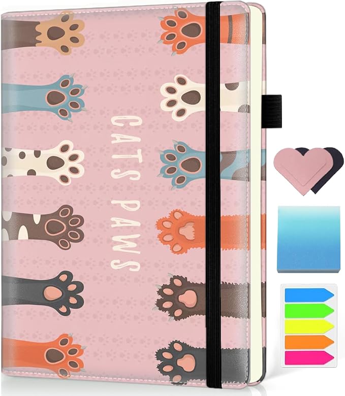 Hardcover Executive Notebooks, A5 PU Leather Lined Journal Notebook, 200 Pages Thick Paper Subject Notebooks for School,Work,Home Writing Business Notebook, Diary Book ，Cats Paws