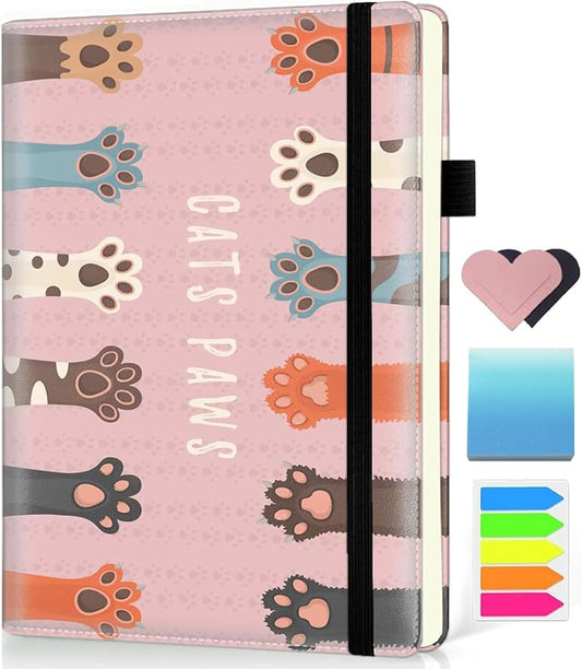 Hardcover Executive Notebooks, A5 PU Leather Lined Journal Notebook, 200 Pages Thick Paper Subject Notebooks for School,Work,Home Writing Business Notebook, Diary Book ，Cats Paws