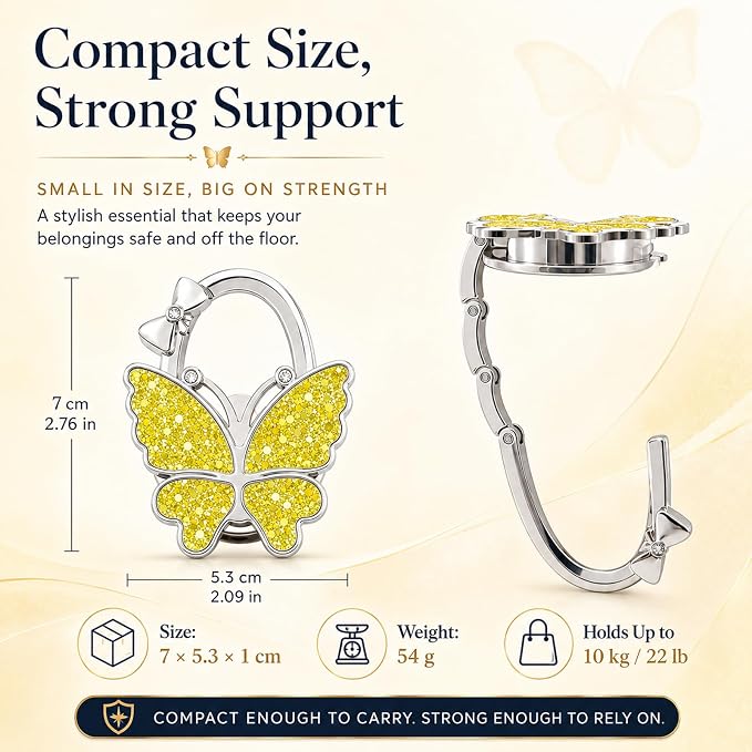 Purse Hook for Table, Foldable Handbag Hanger for Women, Portable Bag Holder with Non-Slip Base, Cute Sequin Yellow Butterfly Purse Table Hook for Restaurant Office Travel Gift