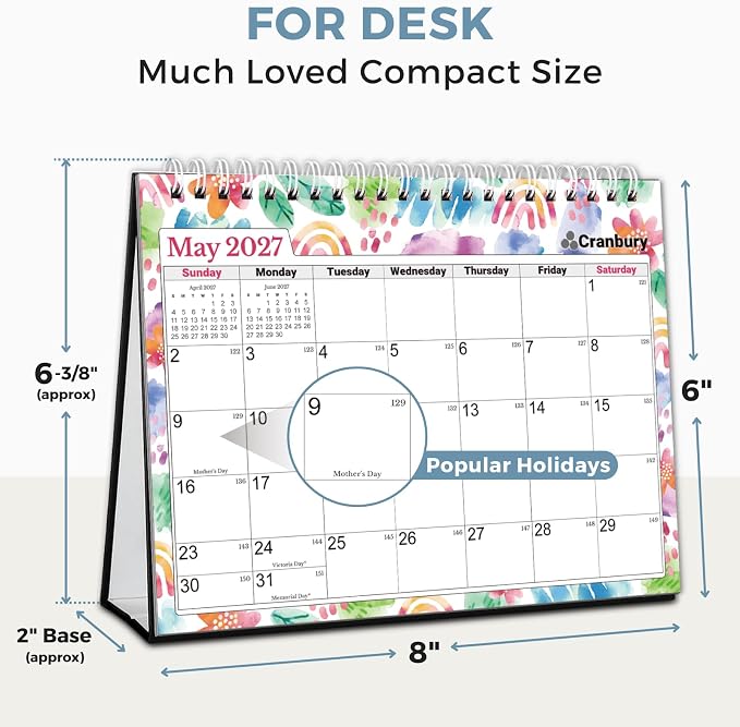CRANBURY Small Desk Calendar 2026-2027 Standing Flip, 8" x 6", July 2026 to Dec 2027, Desktop Calendar with Stickers, Academic Year, Personal Desk Planner for School & Office