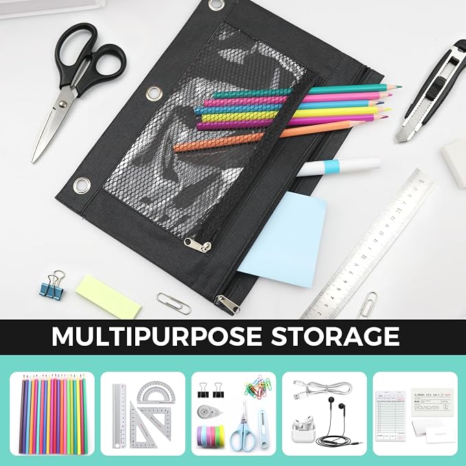 3 Ring Pencil Pouch for Binder, 2-Pocket Zipper Pencil Case with Clear Window & Mesh Pocket, 600D Oxford Fabric Binder Pouch for School Office Supplies, Fits Standard 3-Ring Binders, Black