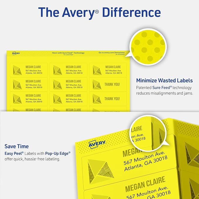 Avery Printable Address Labels, Sure Feed Technology, 1" x 2-5/8", Neon Yellow, Laser & Inkjet Compatible, 750 Blank Labels Total, Great for Branding, Mailing, Organizing, and More (5972)