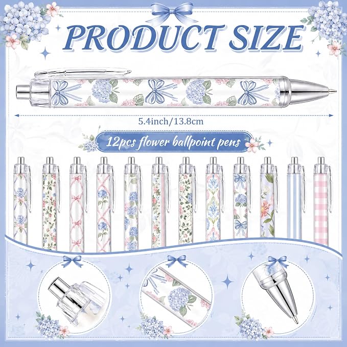 Motiskyy 24 Pcs Blue Hydrangea and Bow Floral Pens Flower Ballpoint Pens Flower Notepads Set Design Line Notebook Employee Gifts Set for Student School Office Supplies, Back to School Gift