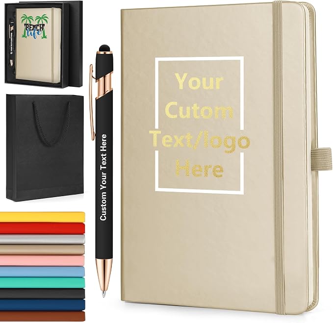 ENOMY Personalized A5 Notebook & Pen Set Custom PU Leather Journal 200 Lined Pages Custom Notebook with Gift Box Journals for Writing College Birthday Business Gift, Gold