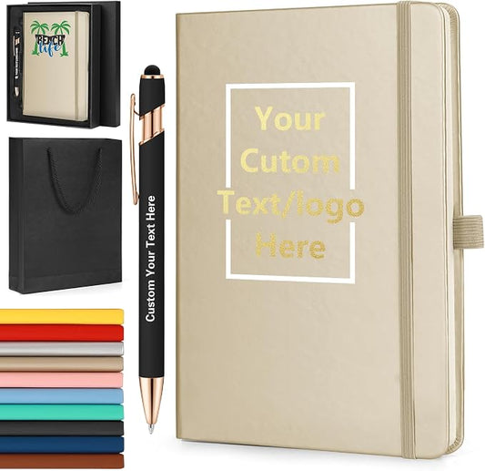 ENOMY Personalized A5 Notebook & Pen Set Custom PU Leather Journal 200 Lined Pages Custom Notebook with Gift Box Journals for Writing College Birthday Business Gift, Gold