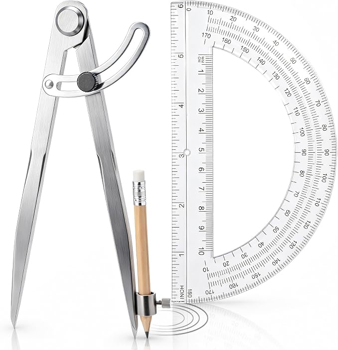 Zonon Professional 8 Inch Large Compass with Wing for Woodworking and 6 Inch Protractor Set, Pencil Compass for Geometry Math Carpenter, Drafting, Drawing Tool (Clear)