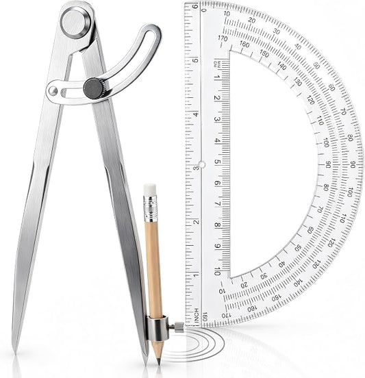 Zonon Professional 8 Inch Large Compass with Wing for Woodworking and 6 Inch Protractor Set, Pencil Compass for Geometry Math Carpenter, Drafting, Drawing Tool (Clear)