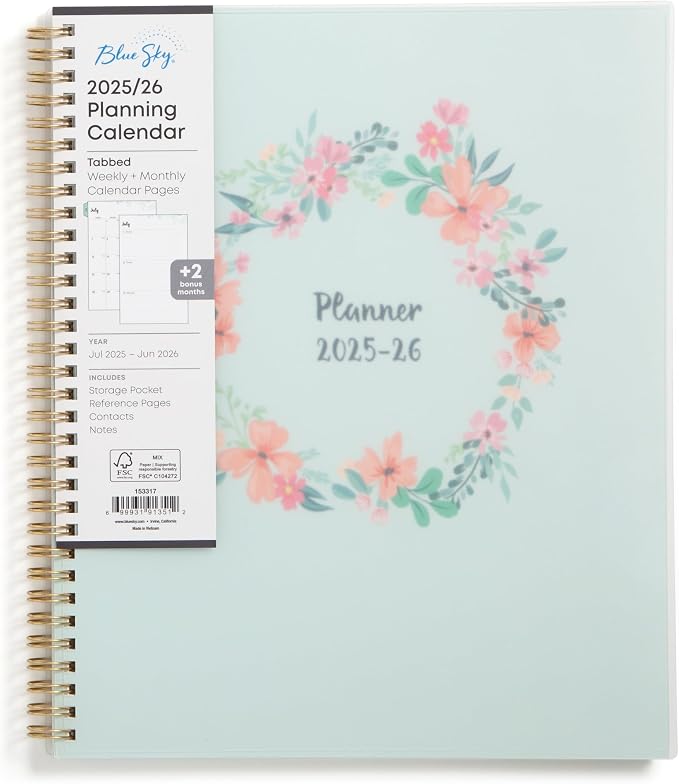 Blue Sky 2025-2026 Weekly & Monthly Academic Planner, 8.5"x11", Laurel | July 2025 - June 2026, Flexible Cover, Wirebound, Laminated Tabs, Storage Pocket, Academic Year