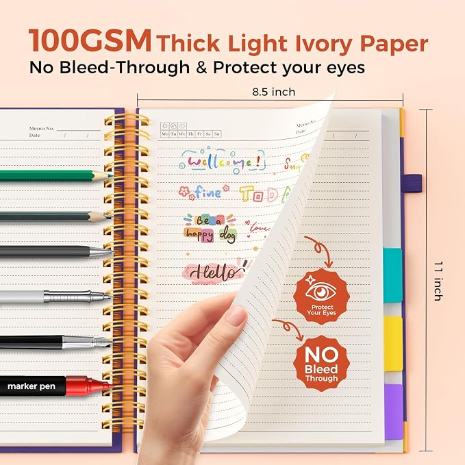 XYark A4 Hardcover Spiral Notebook, 8.5"x11" College Ruled Notebooks with Removable Dividers Tabs & Ruler, 5 Subject Notebook 300 Pages, Large Lined Journal for Women Men School Work Office, Purple