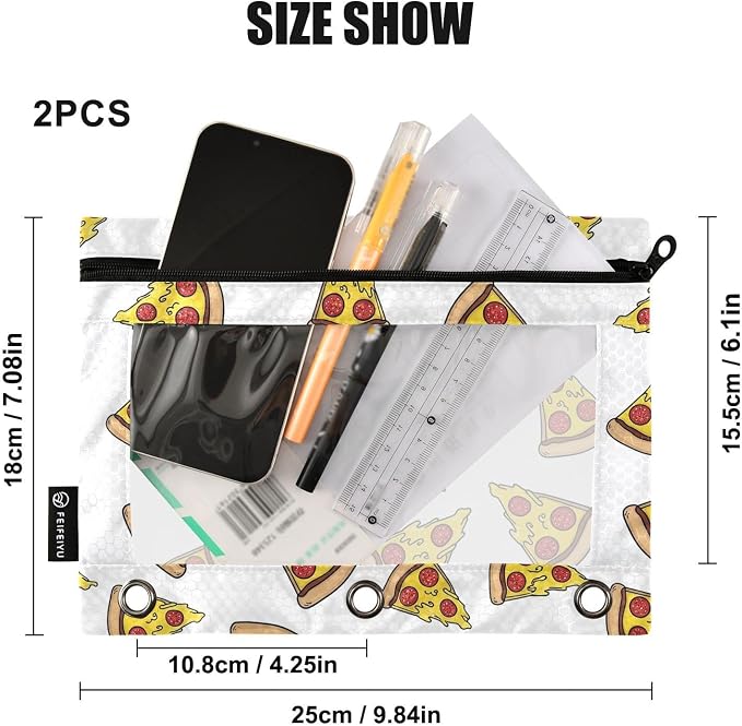 Gredecor Binder Pencil Pouch 3 Ring Pizza Doodle White Zipper Pencil Pouches Case 2 Pack Clear Binder Organizer for School Office