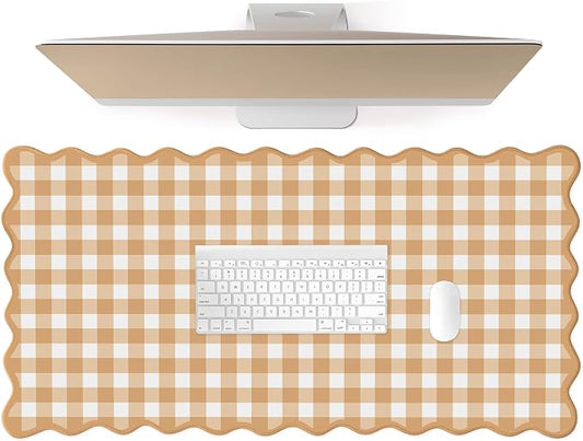 Scalloped‌ Orange Checkered Gingham Desk Mat Cute Pastel Large Mouse Pad Kawaii Cottagecore ‌Vintage‌ Rustic Keyboard Pad Computer Mat for Desktop Aesthetic Cozy Office Desk Decor