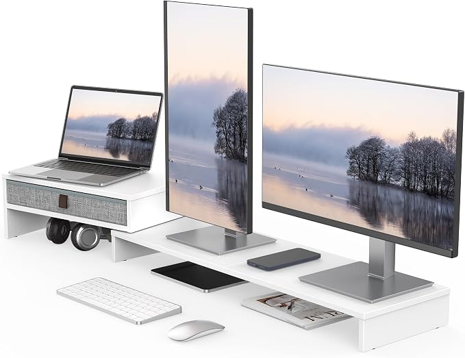 Fenge Triple Monitor Stand with Srorage Drawer, Adjustable Length and Angle | Computer Monitor Riser for 2 or 3 Monitors, Wooden Desktop Laptop Stand, Office Organizer for PC, Screen, Tablet, White
