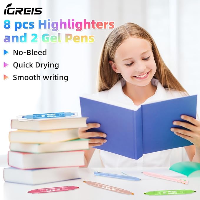 10 Pcs Aesthetic Highlighters and Gel Pens Set - 8 Colors Dual Tip Pastel Highlighters (Chisel & Fine Tips) & 2 Pcs 3-in-1 Multicolor Gel Pens for Journaling, School Supplies, Textbooks