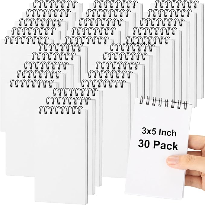 Watersay 30 Pack Small Spiral Notebook Bulk, 3x5 Pocket Notepads,White | Memo Pads, Mini Blank Sketchbook, for School Office Grocery Shopping Lists, Back to School Gift, Students Rewards, 50 Sheets