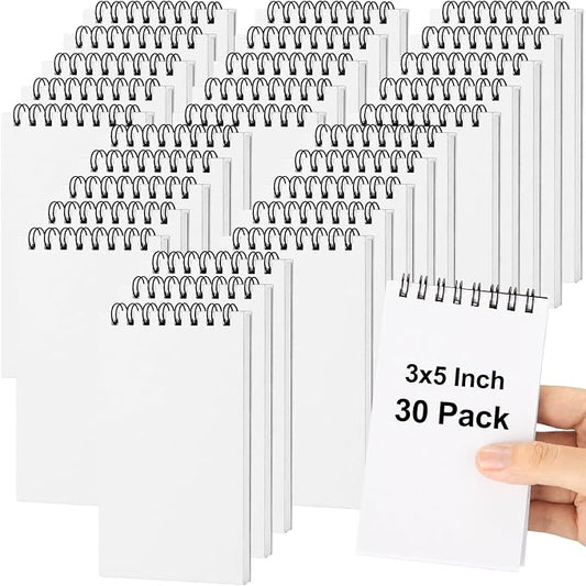 Watersay 30 Pack Small Spiral Notebook Bulk, 3x5 Pocket Notepads,White | Memo Pads, Mini Blank Sketchbook, for School Office Grocery Shopping Lists, Back to School Gift, Students Rewards, 50 Sheets