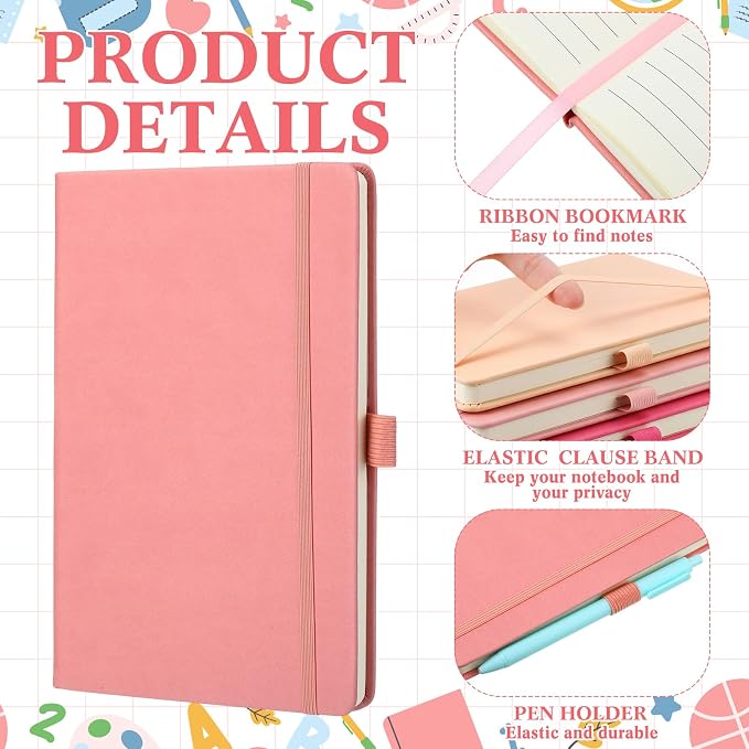 Laumoi 7 Pack Hardcover Journal Notebooks Bulk A5/A4/B5 Journaling Notebook Wide Ruled PU Leather Ruled Lined Journals with Pen Holder for School Business Work Writing (Rococo Color,A5)