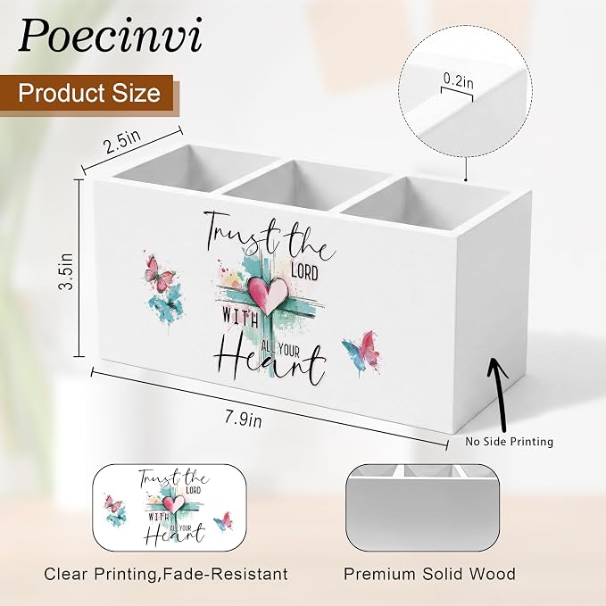 Pink Heart Cross Christian Pen Holder for Home Office Desk, Faith Based Gifts, Trust the Lord with All Your Heat Bible Verse Wooden Box Sign Pencil Holder for Desk Shelf Organizer
