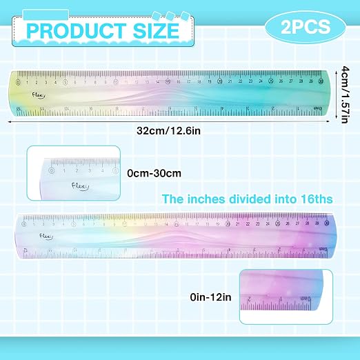 2 Pcs Flexible Ruler, 12 Inch Bendable Ruler for Kids, Soft Plastic Ruler, Kids Ruler for School, Gradient Colored Flex Ruler, Soft Ruler for Kids, Students Classroom with Centimeter and Inch