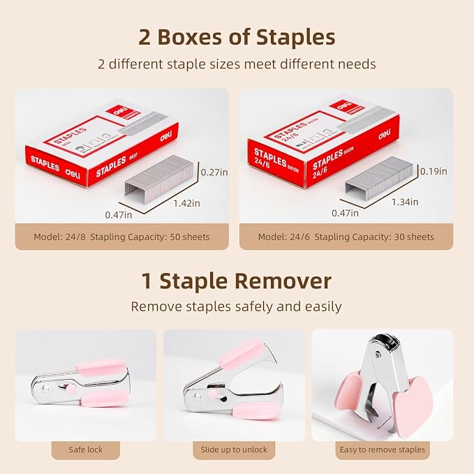 Deli Stapler, Effortless Staplers for Desk, 3 Pack, 3 Colors | 40-50 Sheet Capacity Heavy Duty, One Touch, No Effort, Easy to Load, With 4500 Staples & Staple Removers
