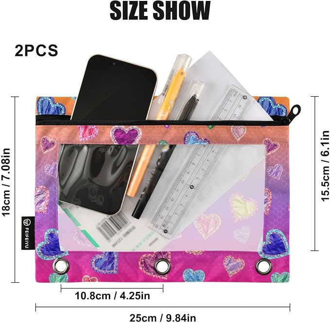Gredecor Binder Pencil Pouch 3 Ring Hearts on Bright Gradient Zipper Pencil Pouches Case 2 Pack Clear Binder Organizer for School Office