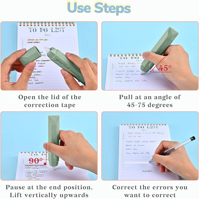 Temiary 5 Pcs White Correction Tapes, Aesthetic Correction Tape Pens Smooth Pull Out, Easy to Use Pen Shaped Applicator for Students School Office Supplies (Green)