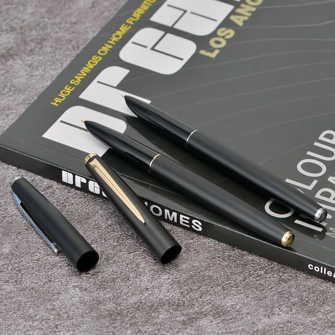 2PCS Jinhao 911 Fountain Pen Extra Fine Nib, Matte Black with Gold & Silver Trim, Lightweight and Durable, Includes Ink Cartridges & Converters, Smooth Writing Pen