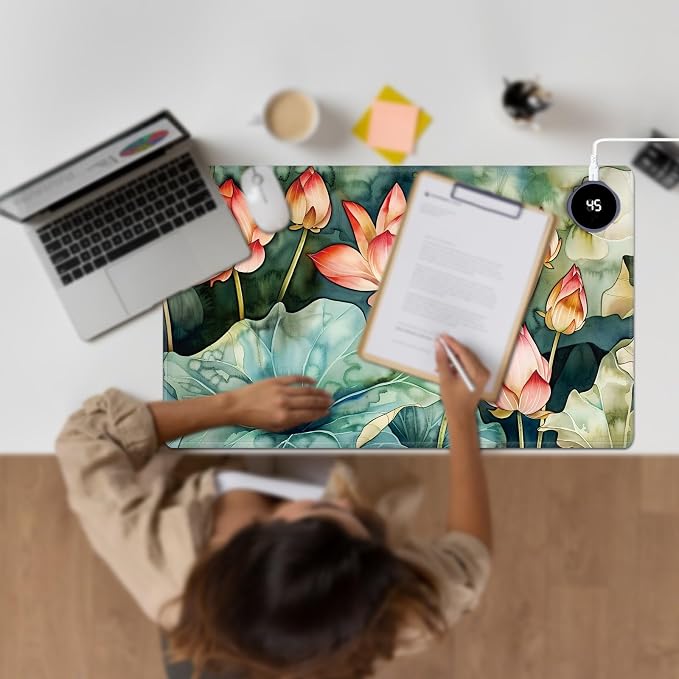 Heated Desk Pad Large Mouse Pad 23.6 x 14.1 inch with 3 Levels Heating & Auto Shut-Off Warm Mouse pad PU Leather Computer Mousepad for Home Office Work - Lotus Flower and Lotus Leaf