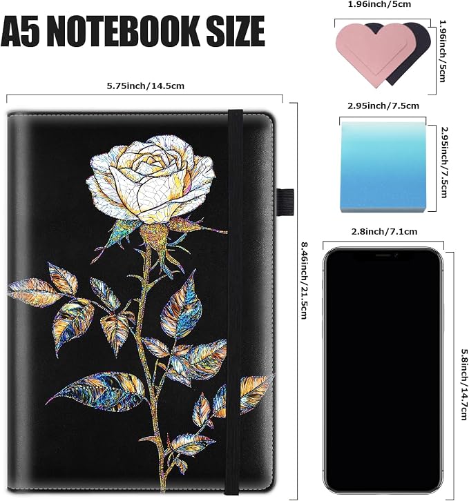 Hardcover Executive Notebooks, A5 PU Leather Lined Journal Notebook, 200 Pages Thick Paper Subject Notebooks for School,Work,Home Writing Business Notebook, Diary Book ，Stained Glass Rose Flower