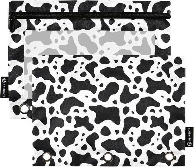 Black and White Cow Spot Print Pencil Pouch for 3 Ring Binder 2 Pack Zipper Binder Pencil Bag with Clear Window Pencil Case for Office Supplies