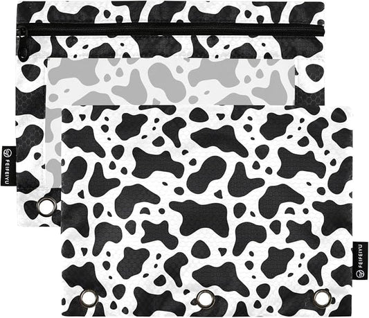 Black and White Cow Spot Print Pencil Pouch for 3 Ring Binder 2 Pack Zipper Binder Pencil Bag with Clear Window Pencil Case for Office Supplies