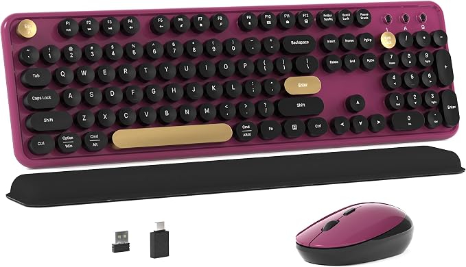 Colorful MPTOG Wireless Computer Keyboard and Mouse Combo (Black-Claret) | Retro Round Typewriter Keycaps, Power Switch, Ergonomic Design, 2.4GHz Wireless for Windows, Mac, PC