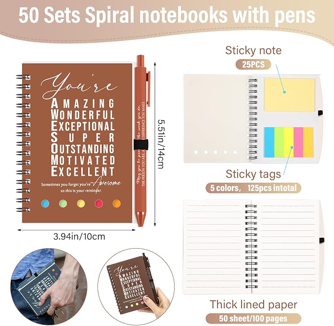 Jetec 100 Pcs/50 Sets Back to School Teacher Gifts Motivational Spiral Notebook with Sticky Notes Pen Bulk Inspirational Journals Thank You Gift for Employee Coworker Birthday Party (Morandi Earth)
