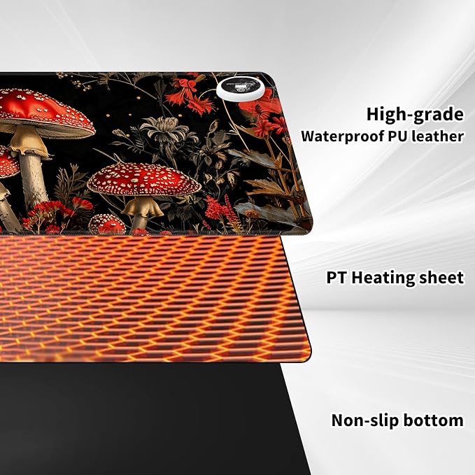 Warm Desk Pad,Heated Desk Pad,Office Mat,3 Heating Levels & 3 Hours Auto Shut-Off,31.5"*13" Gaming Mouse Laptop Keyboard Leather Desk Mat,Red Mushroom Forest